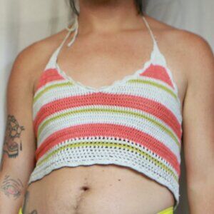 Aerie Crochet Orange Cream Green Striped Halter Tie Crop Top L